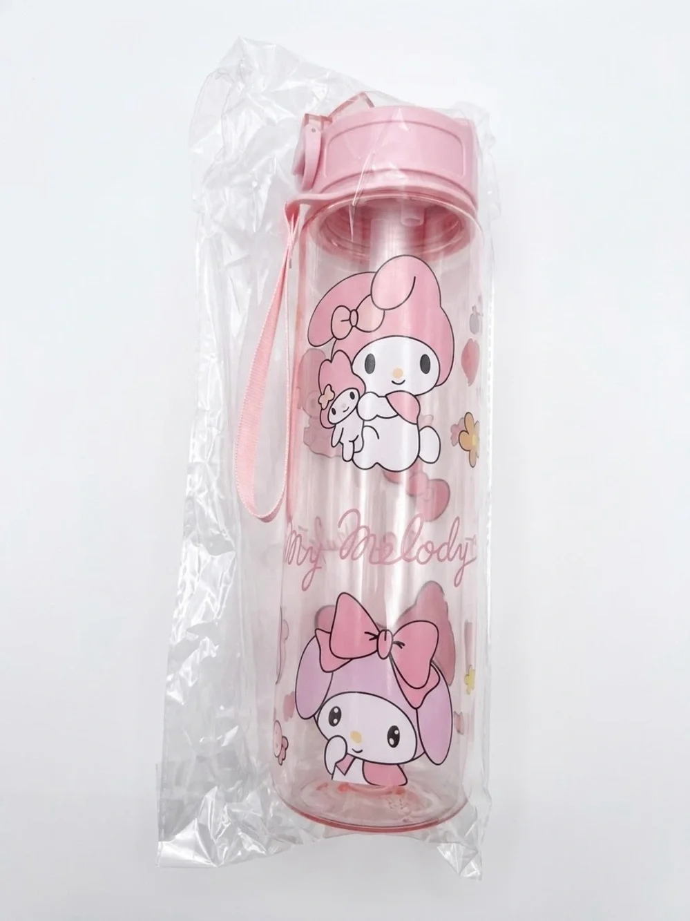 My Melody Pink Clear Kids Water Bottle with Straw and Strap
